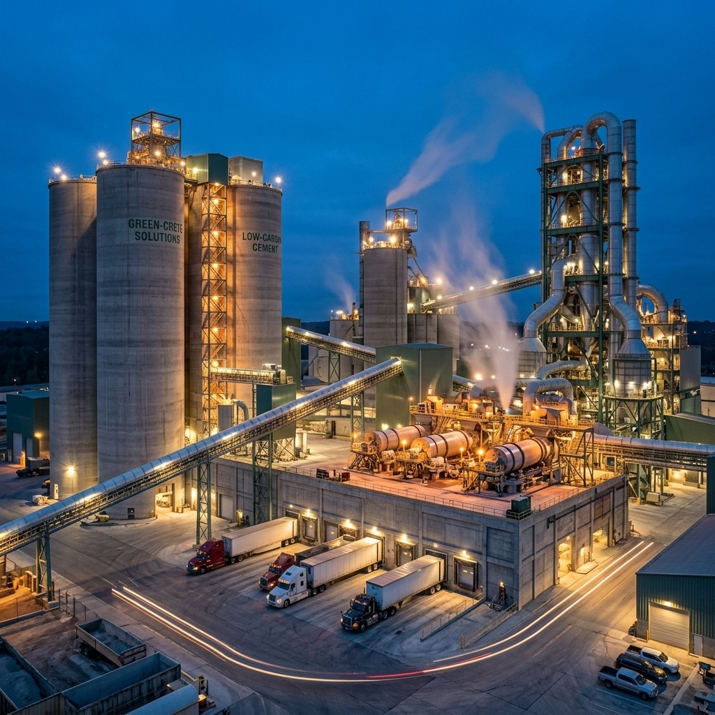 Modern low-carbon cement production facility at dusk