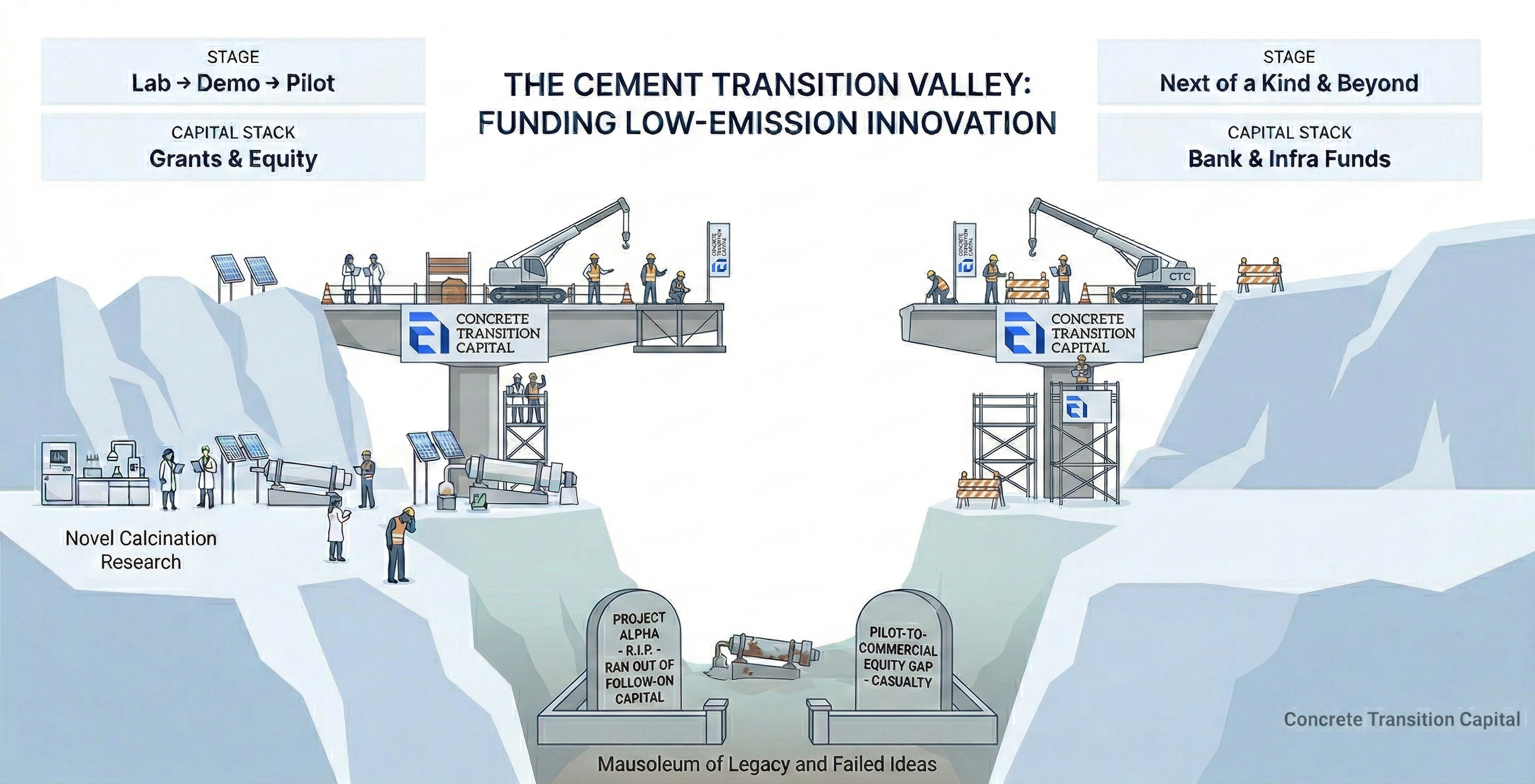 The Cement Transition Valley: Funding Low-Emission Innovation โ showing the gap between Lab/Demo/Pilot stage (Grants & Equity) and Next of a Kind & Beyond (Bank & Infra Funds), with CTC bridging the valley
