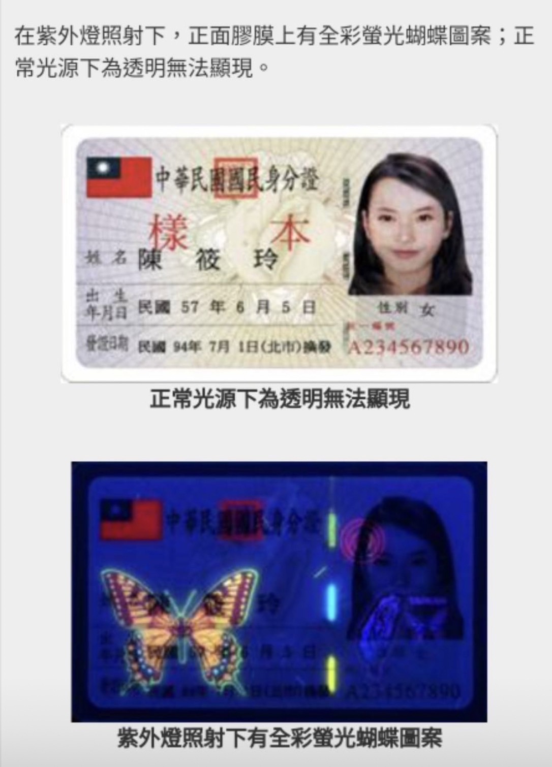嫌犯偽造的證件無法顯示螢光蝴蝶圖案。（圖／翻攝畫面）