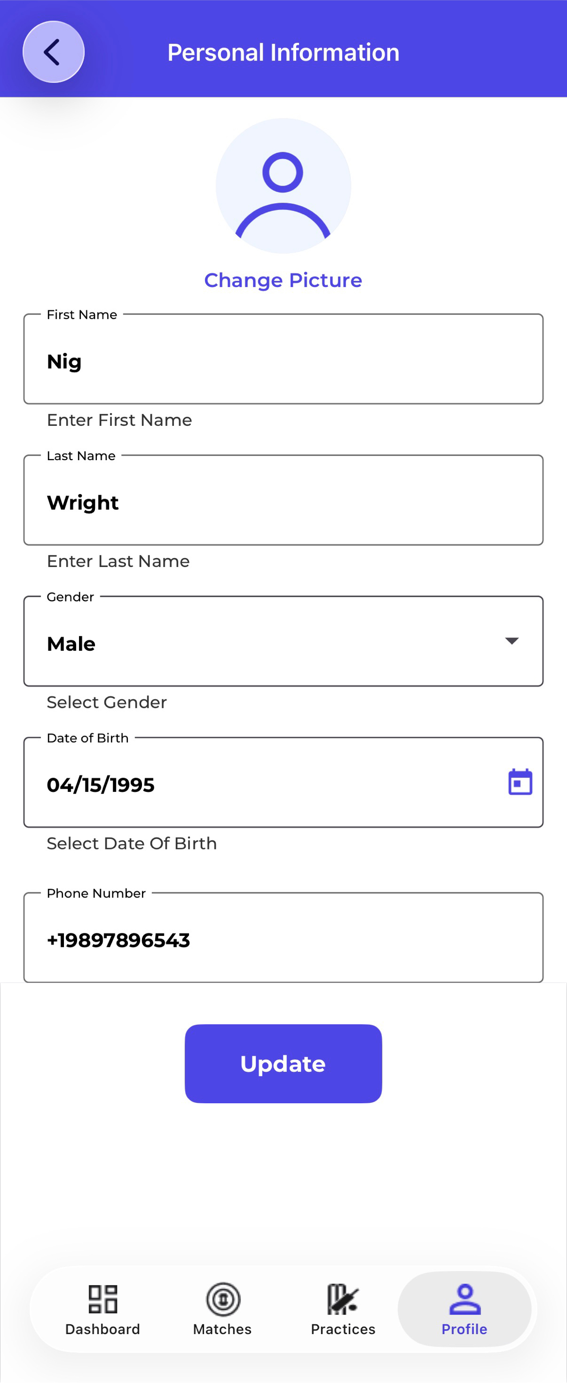 Mobile — Personal Information Edit Mode