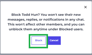 The block confirmation dialog asking to confirm blocking a member