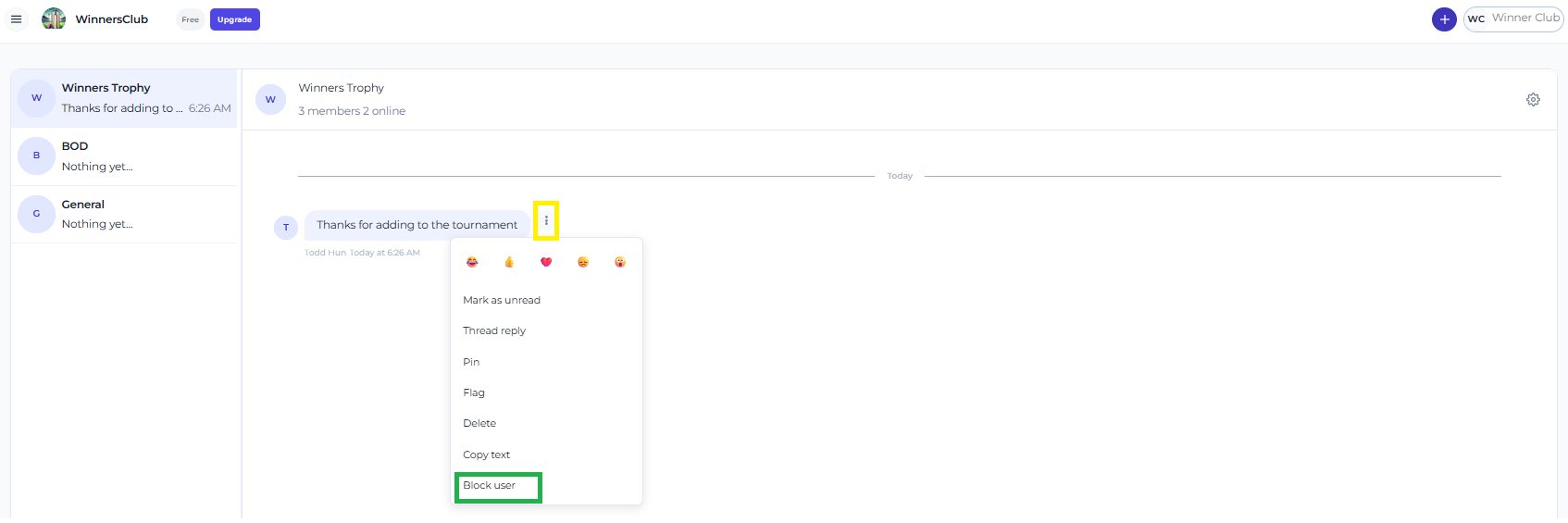 The web message actions menu open with the Block user option visible