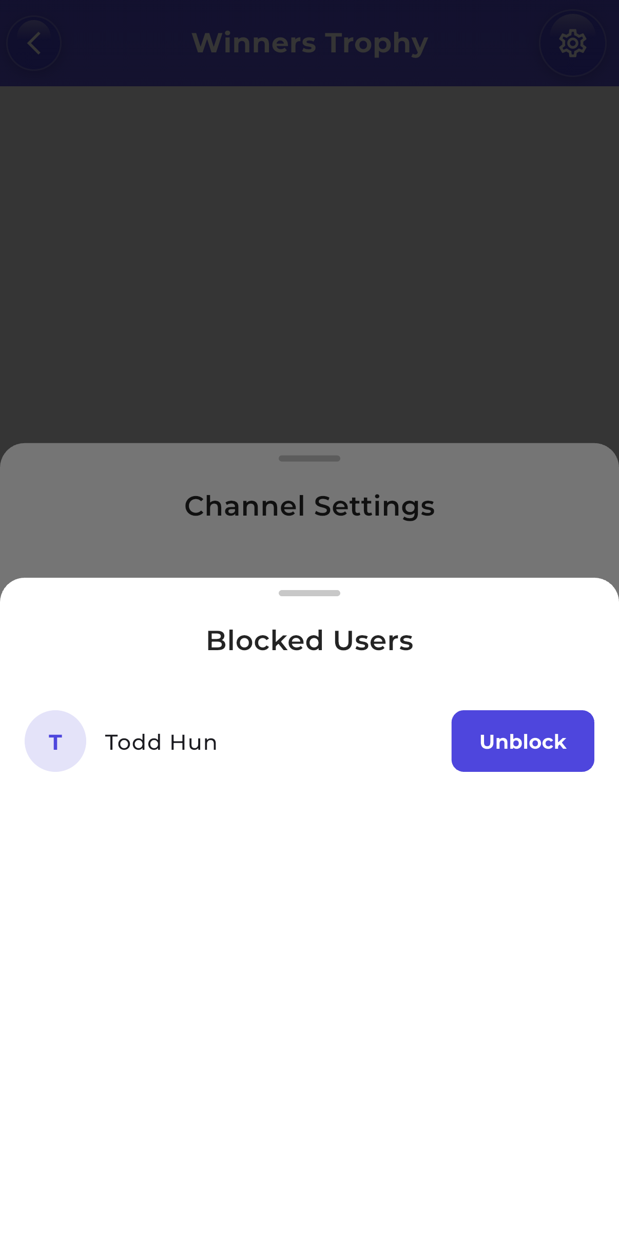 The mobile Blocked Users sheet listing a blocked member with an Unblock button