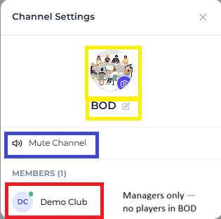 The BOD channel settings modal showing an uploadable avatar and editable name