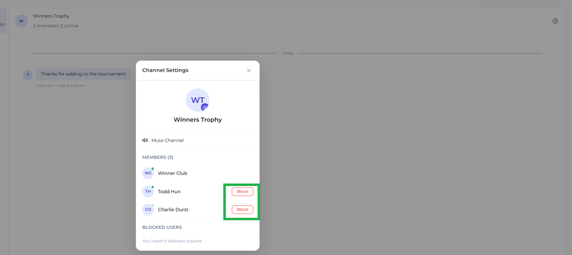 Web Channel Settings showing Block buttons beside each member and an empty blocked users list