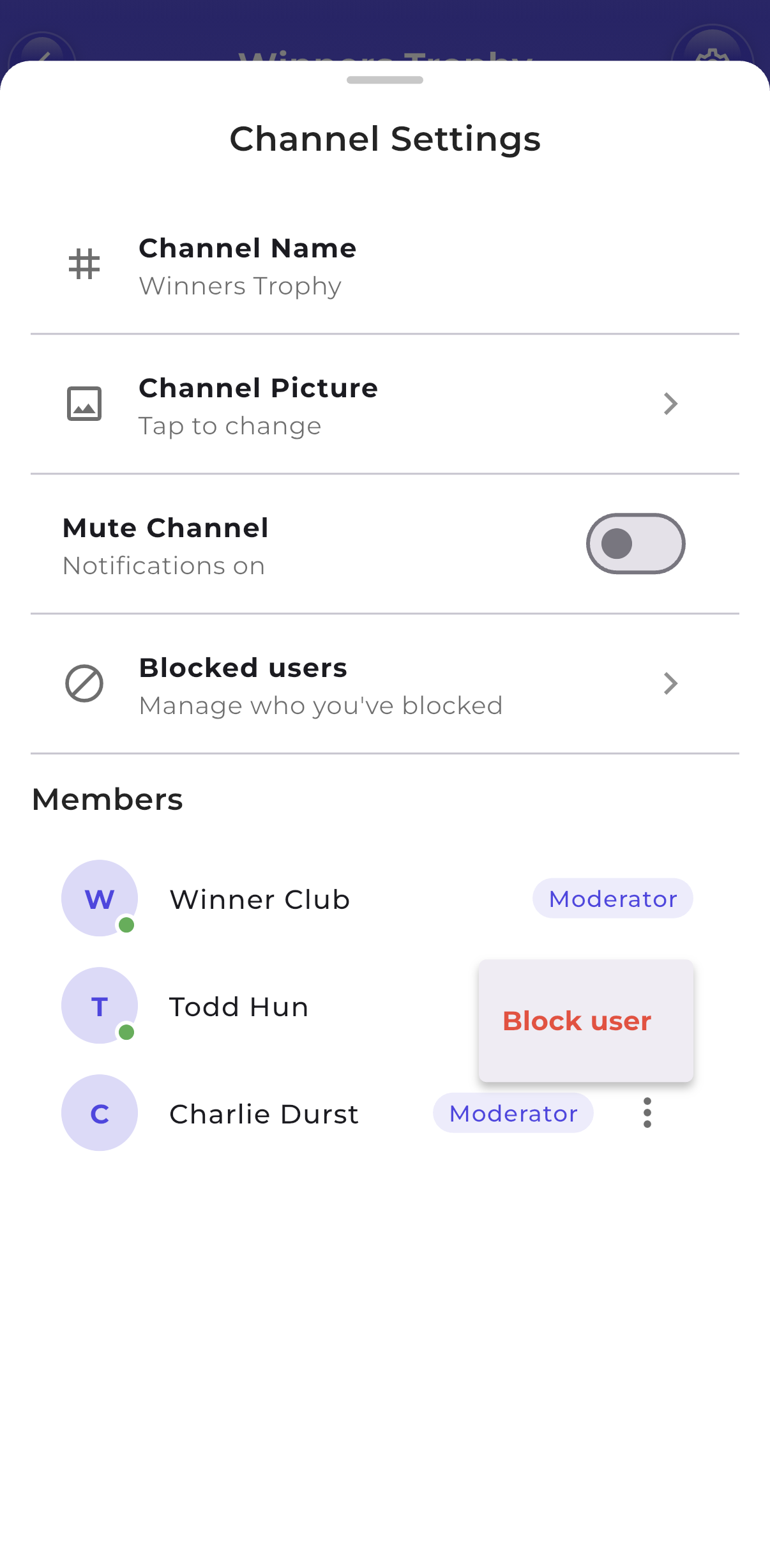 Mobile Channel Settings showing the Blocked users row and a Block user action on a member