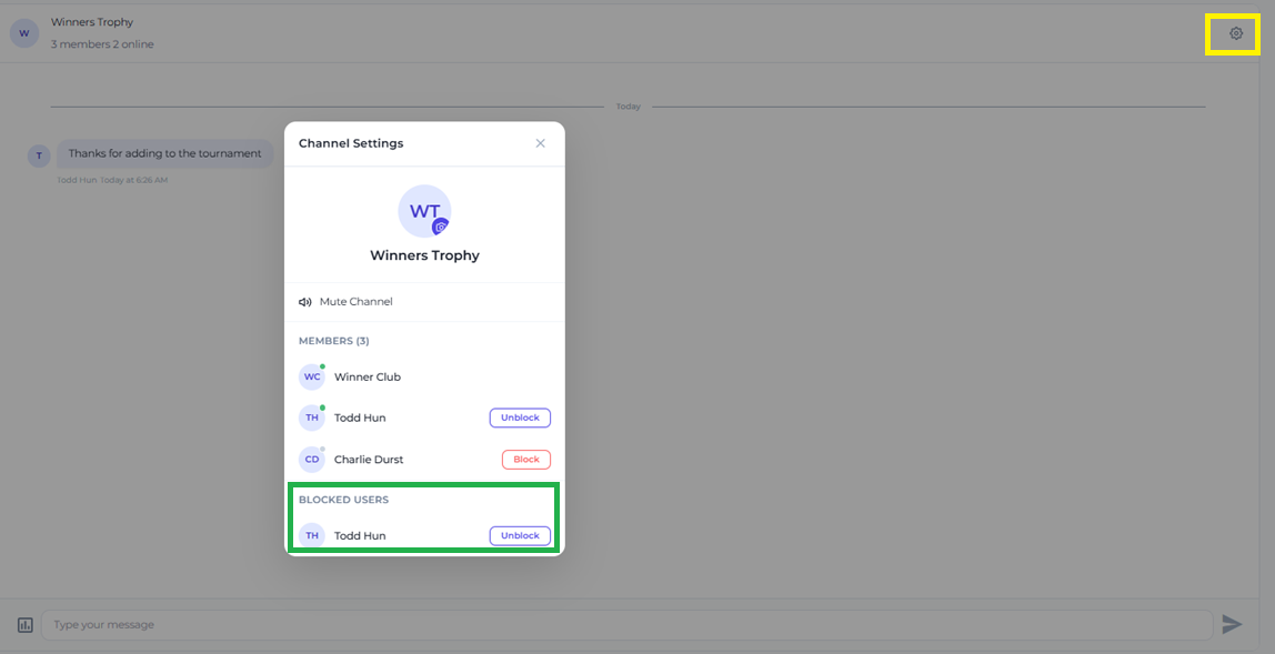 Web Channel Settings after blocking, showing Unblock beside the member and the Blocked Users list