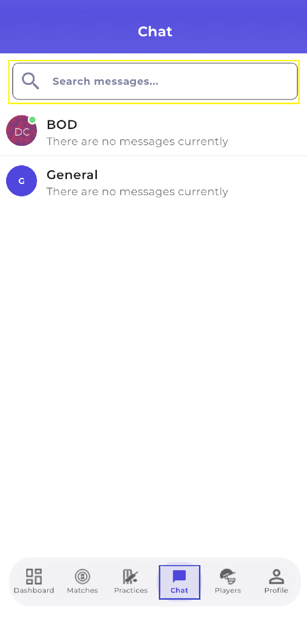 The Chat tab on the mobile app showing the empty state with no channels