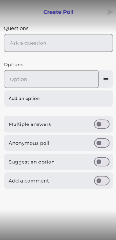 The Create poll modal on the mobile app showing three settings toggles