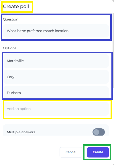 The Create poll modal on the web app with a question and three options
