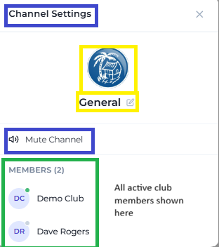 The General channel settings modal showing the avatar, name, mute option and members
