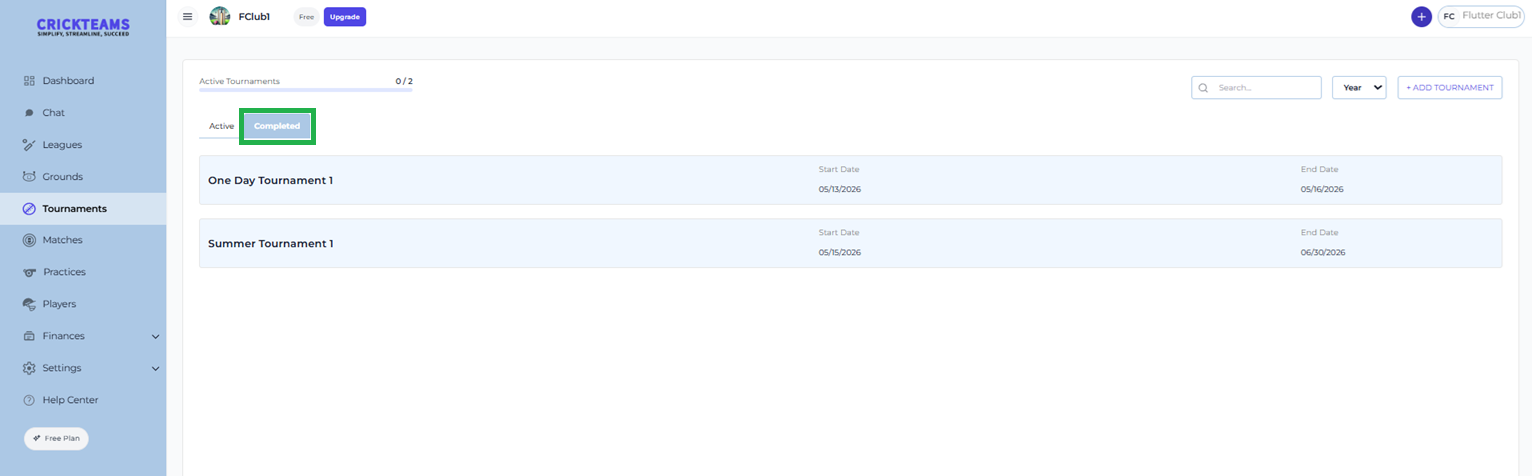 Tournaments page showing two tournaments on the Completed tab
