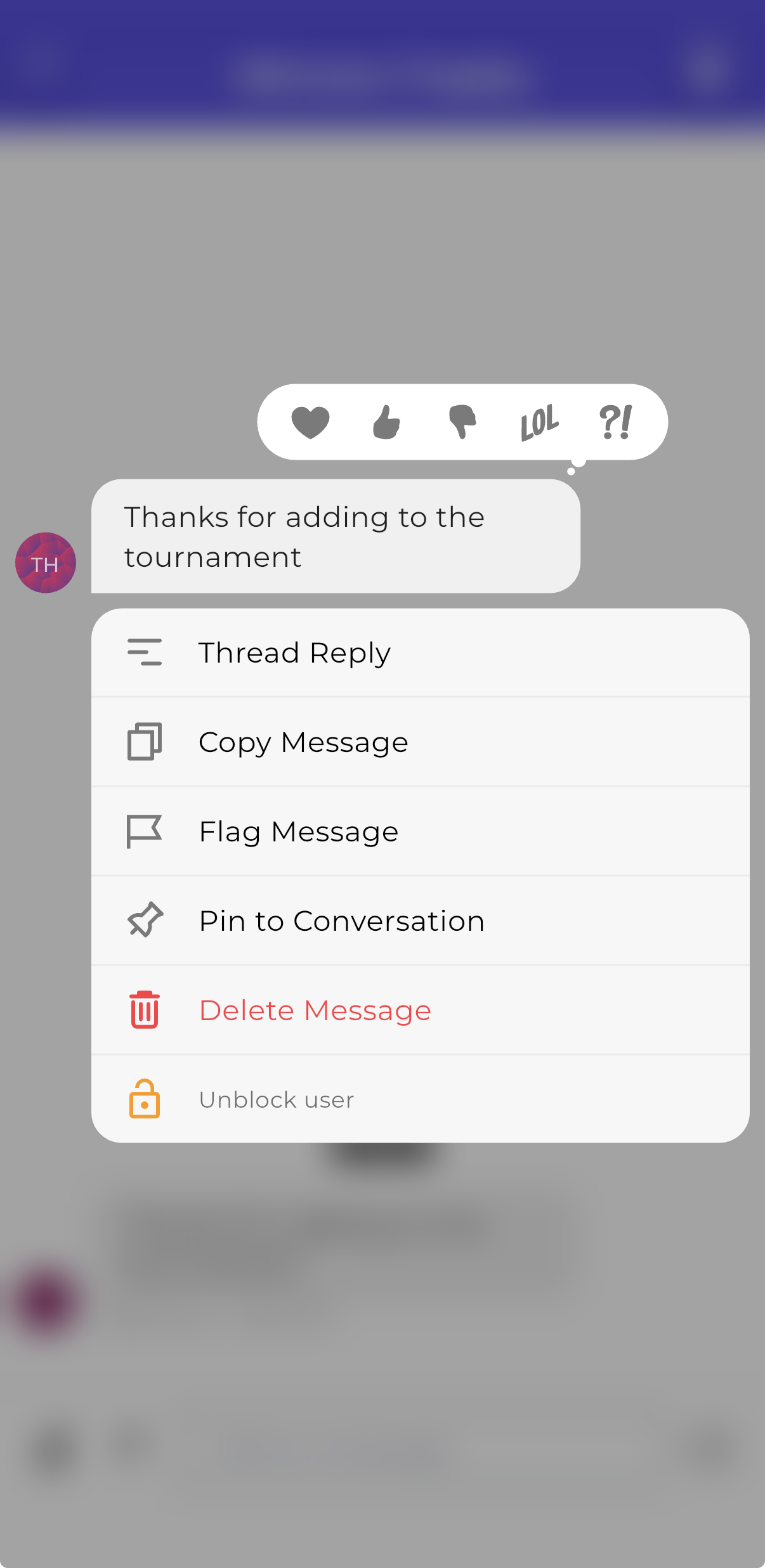 The mobile long-press menu showing Unblock user on an older message