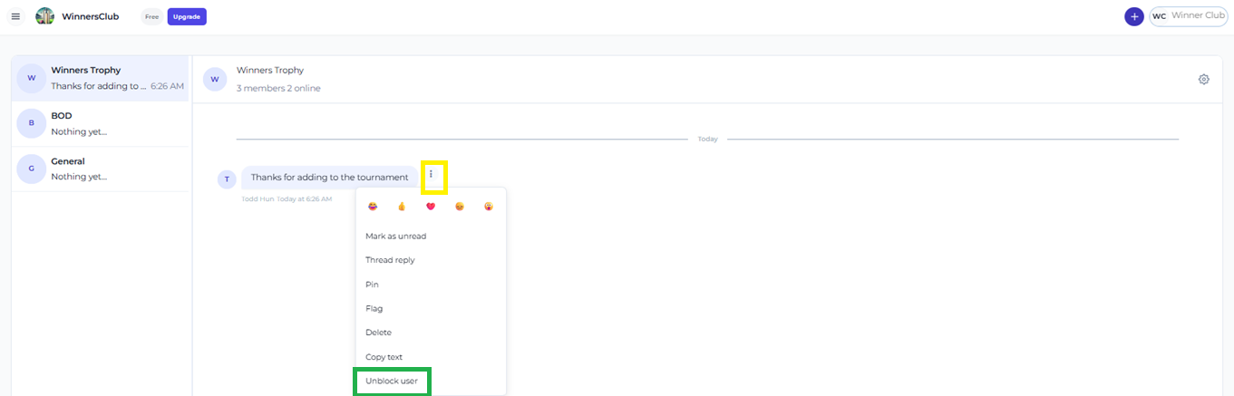 The web message actions menu showing Unblock user on an older message