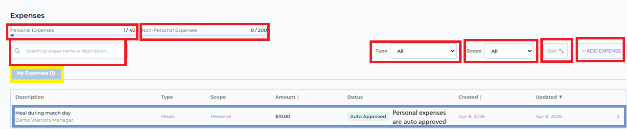 Expenses Page — Manager View