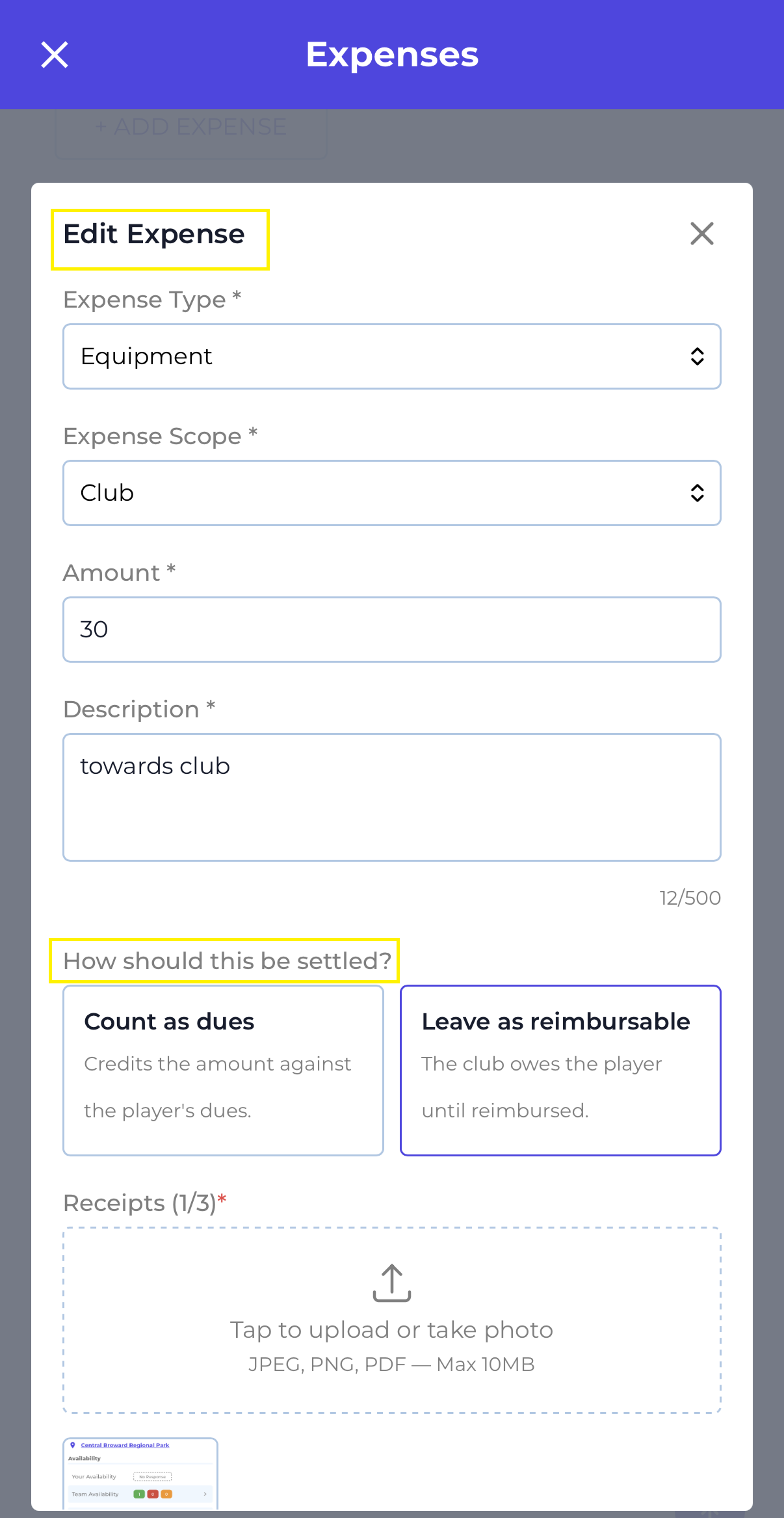 Edit Expense modal showing the How should this be settled? options