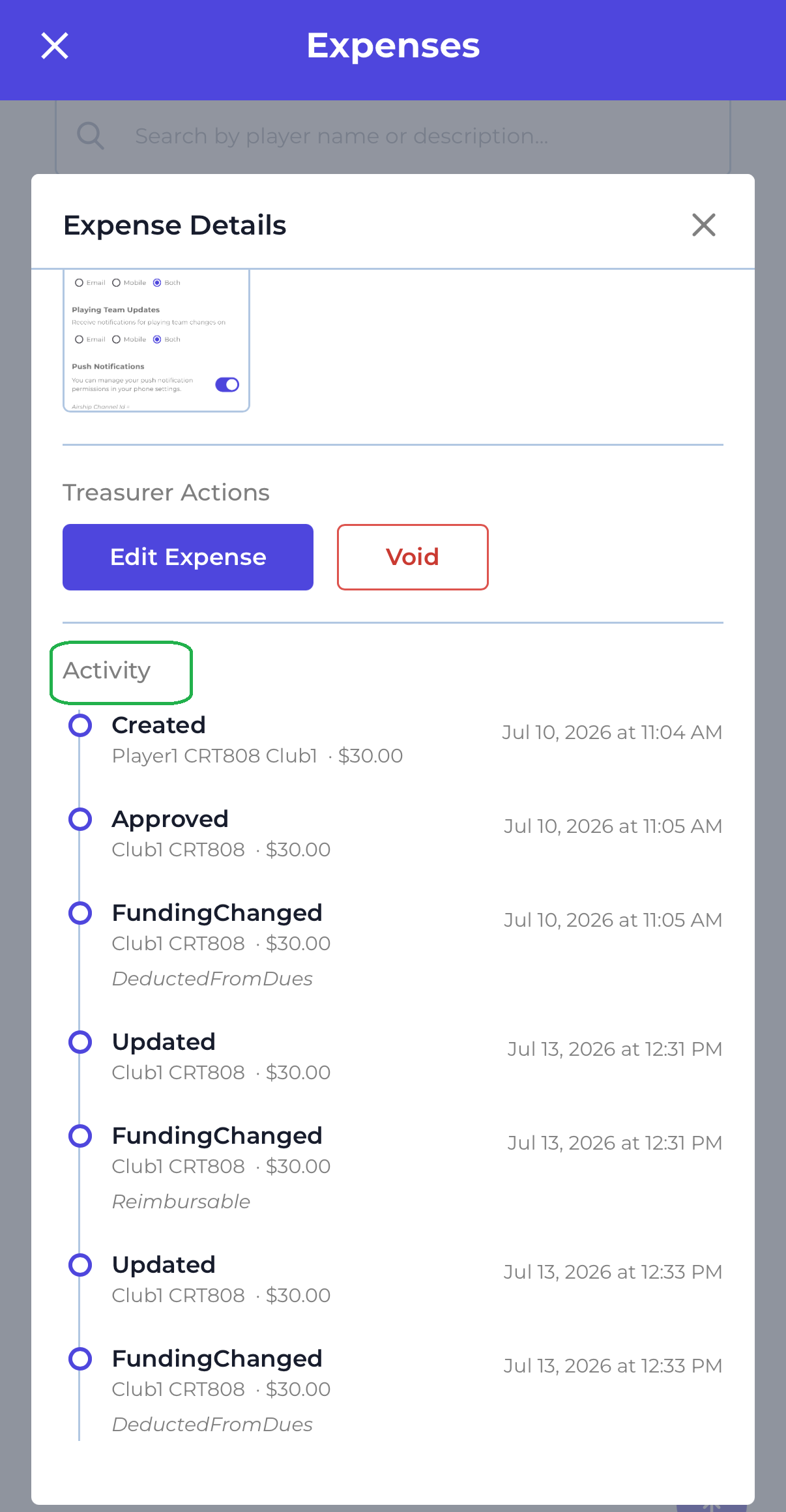 The Activity trail on an expense