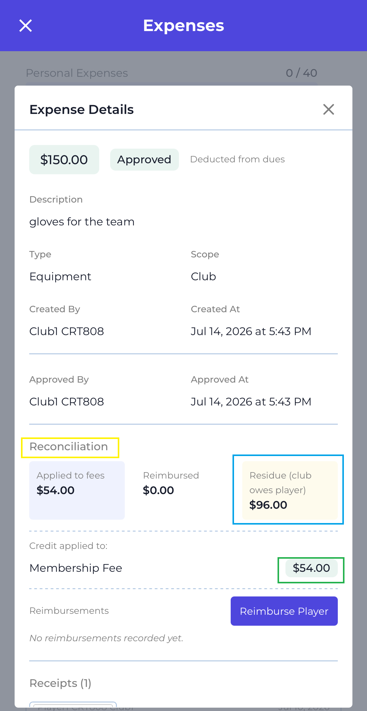 Expense Details showing the Reconciliation panel with a residue
