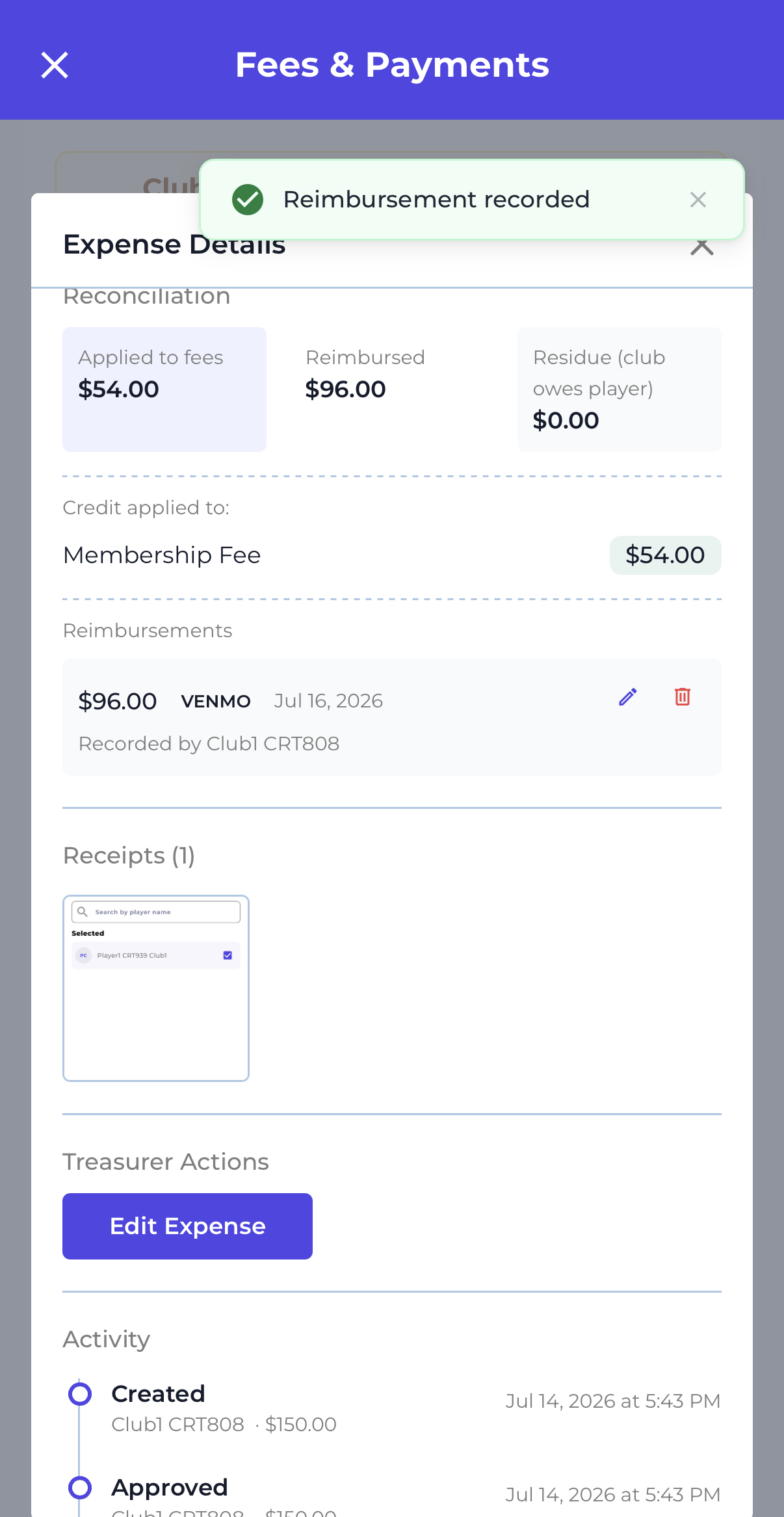 Expense Details with Reimbursed $96.00 — Void is no longer offered