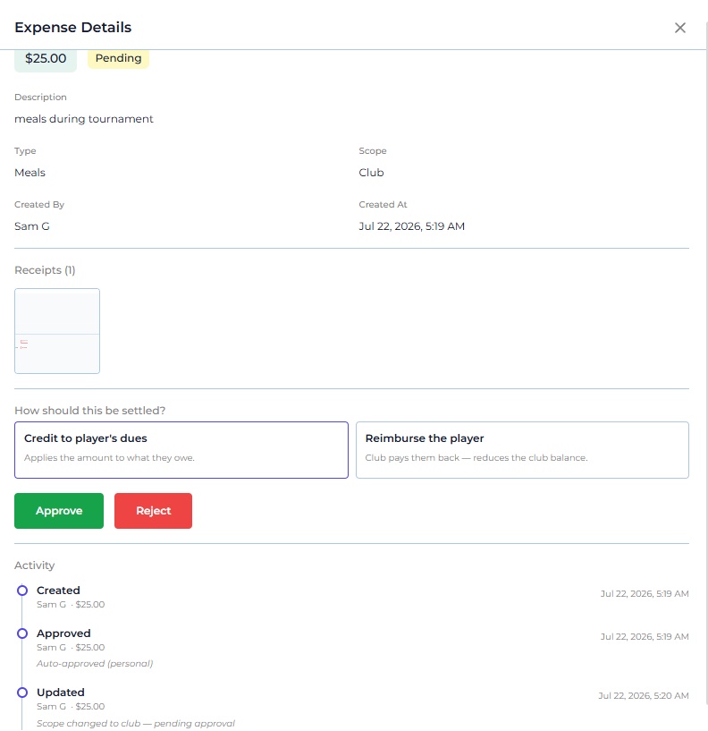 Expense Details showing the activity trail after a personal expense was changed to a club scope
