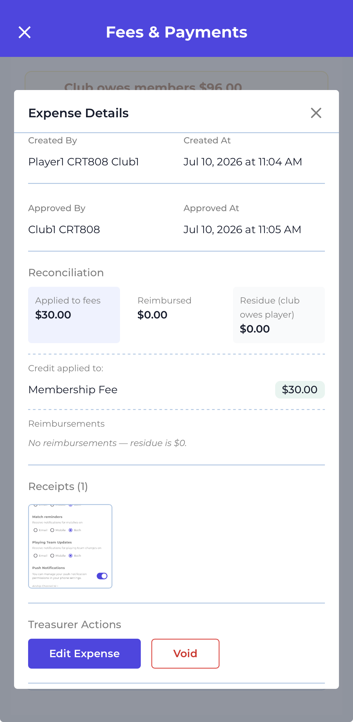 Expense Details with Reimbursed $0.00 — both Edit Expense and Void are offered