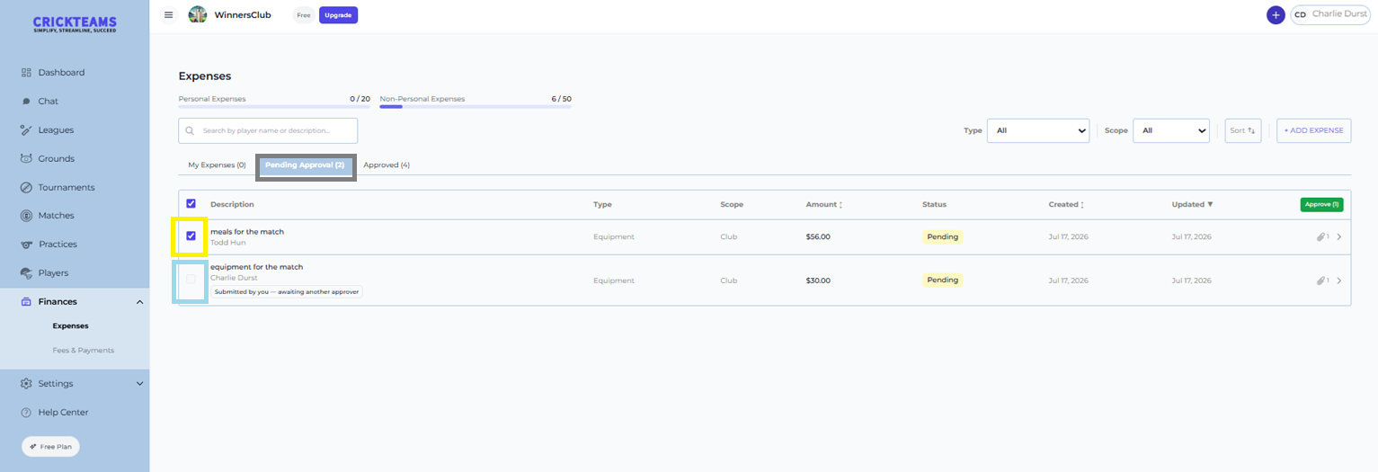 Pending Approval tab showing a manager's own expense cannot be self-approved