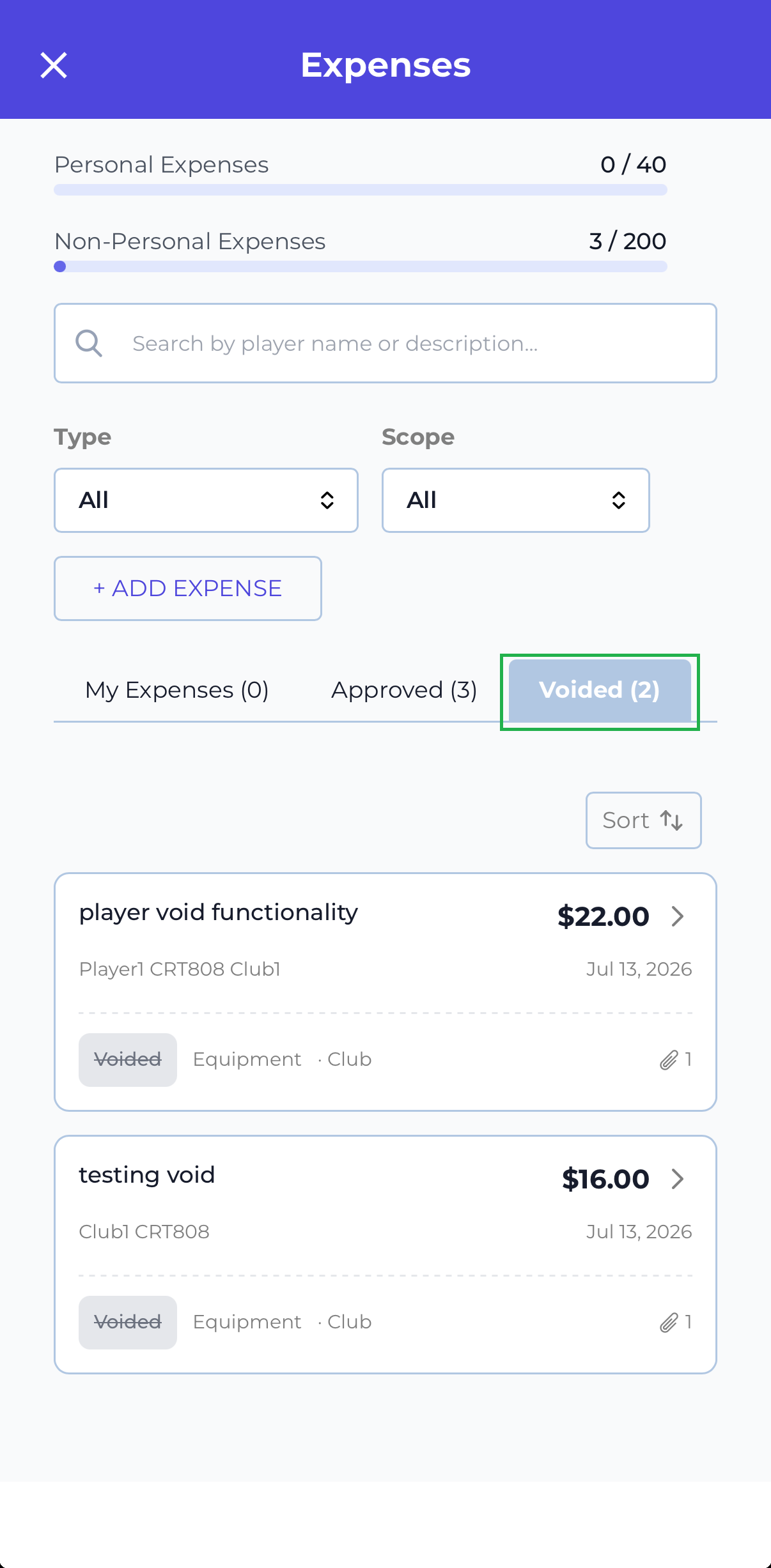 The Voided tab on the Expenses page