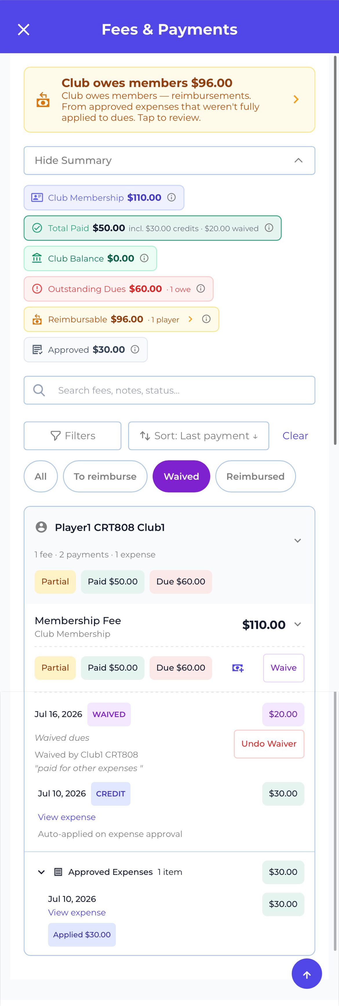 Fees & Payments with the Waived filter selected, showing a waiver record