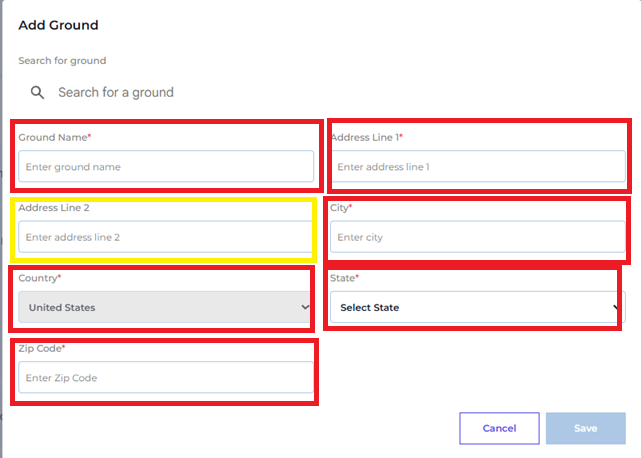 Add Ground Modal — Empty Form with Field Labels