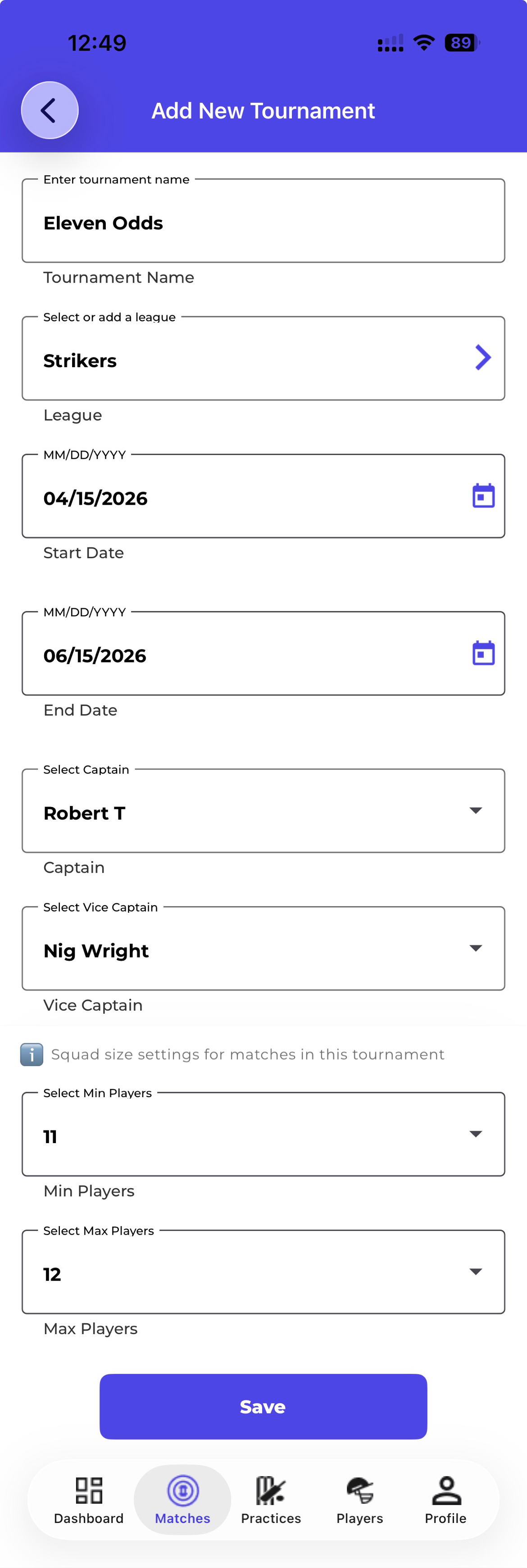 Mobile — Adding a New Tournament with New League