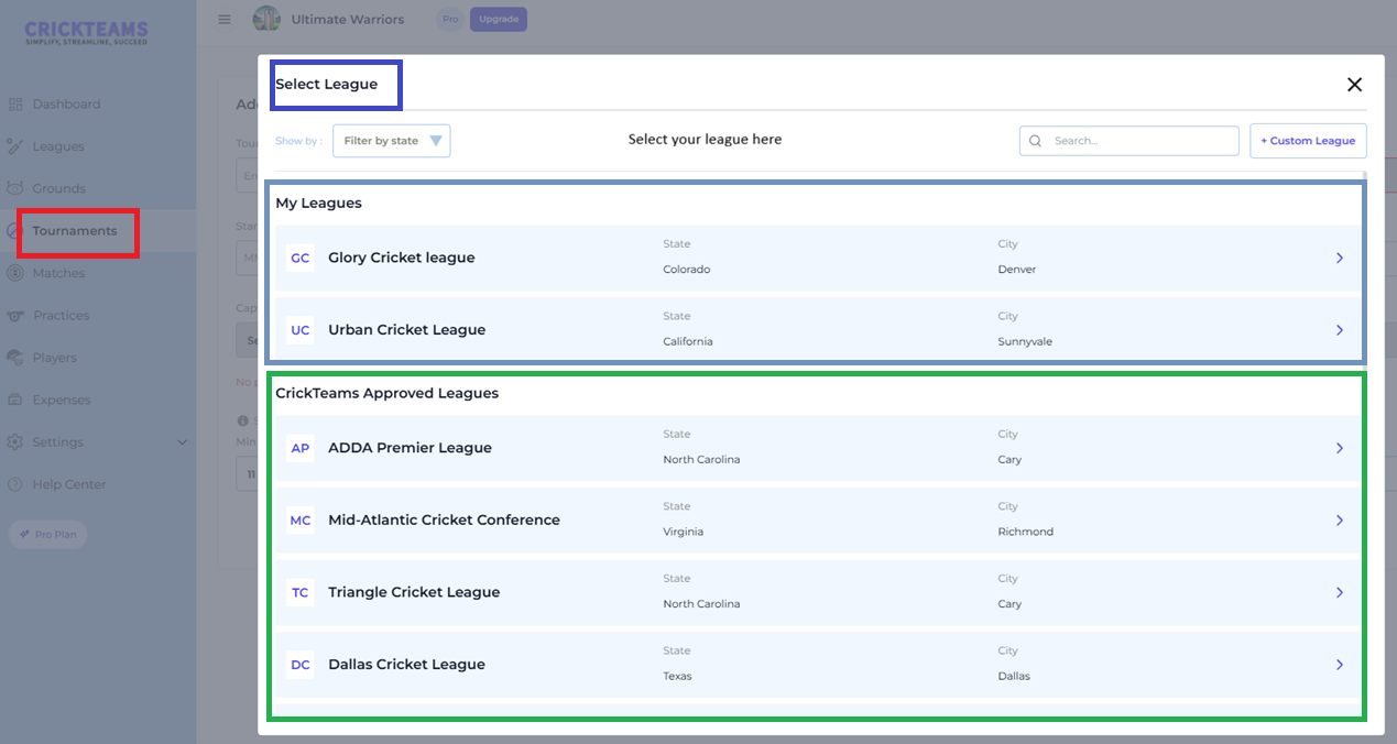 Tournament Creation — League Name Dropdown