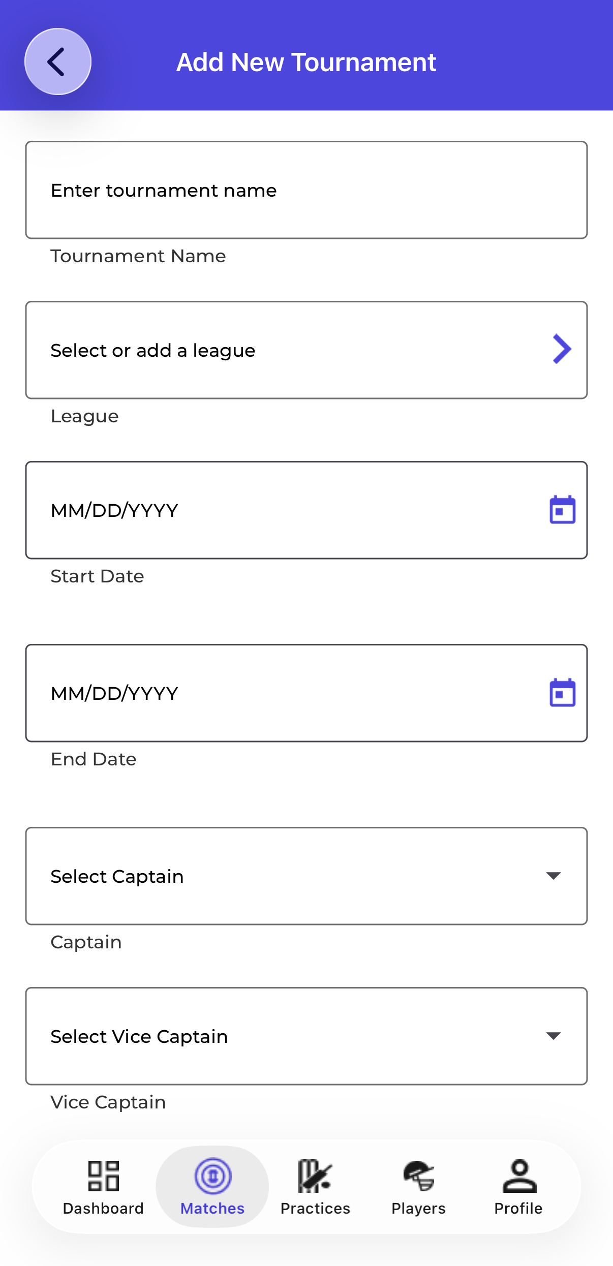 Mobile — Select or Add League Tournament Creation
