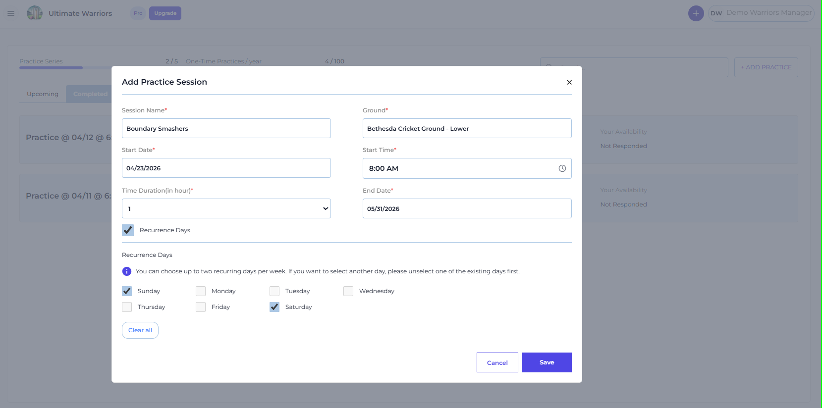 Add Practice Series — Set up Recurrence