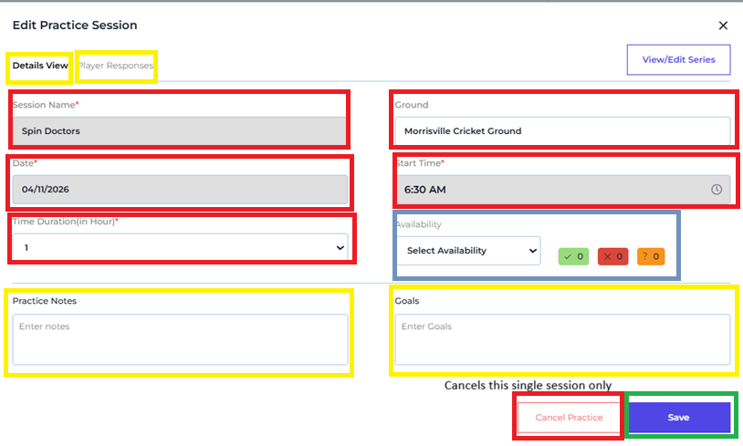 Edit Practice Session — Details View