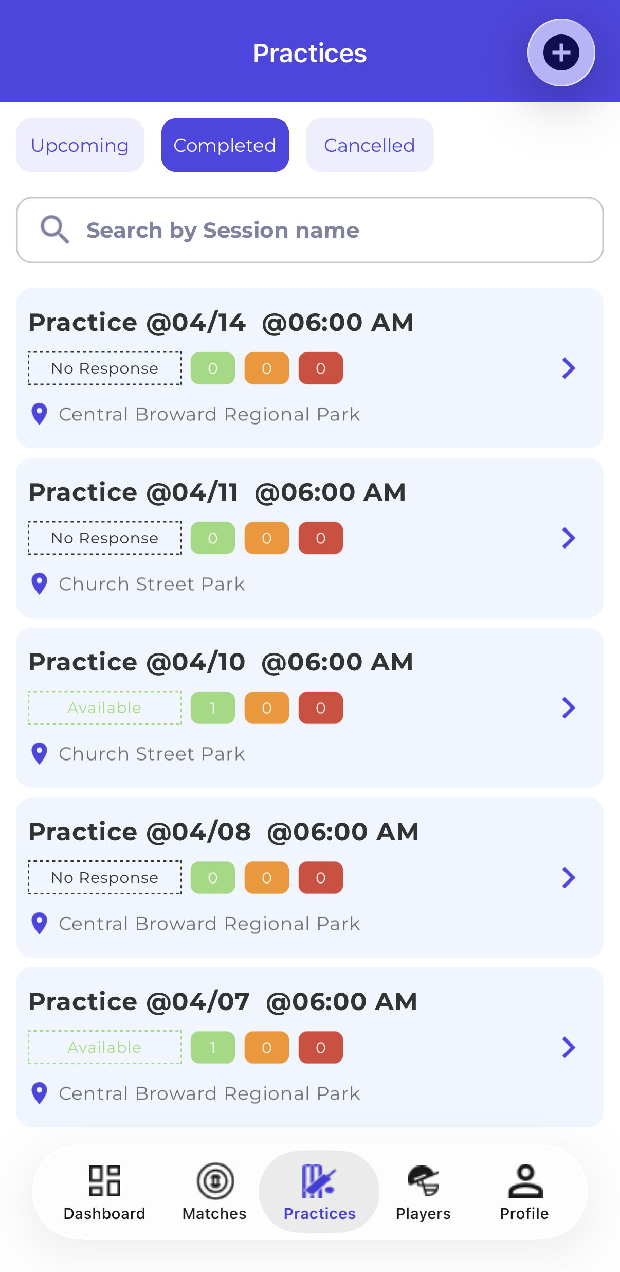 Mobile — Completed Practices Tab
