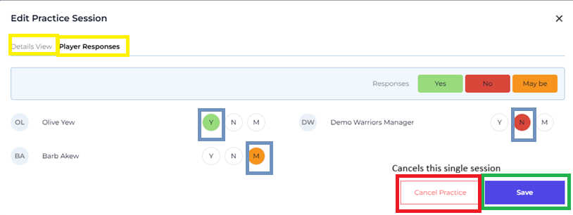 Practice Detail — Player Responses Tab