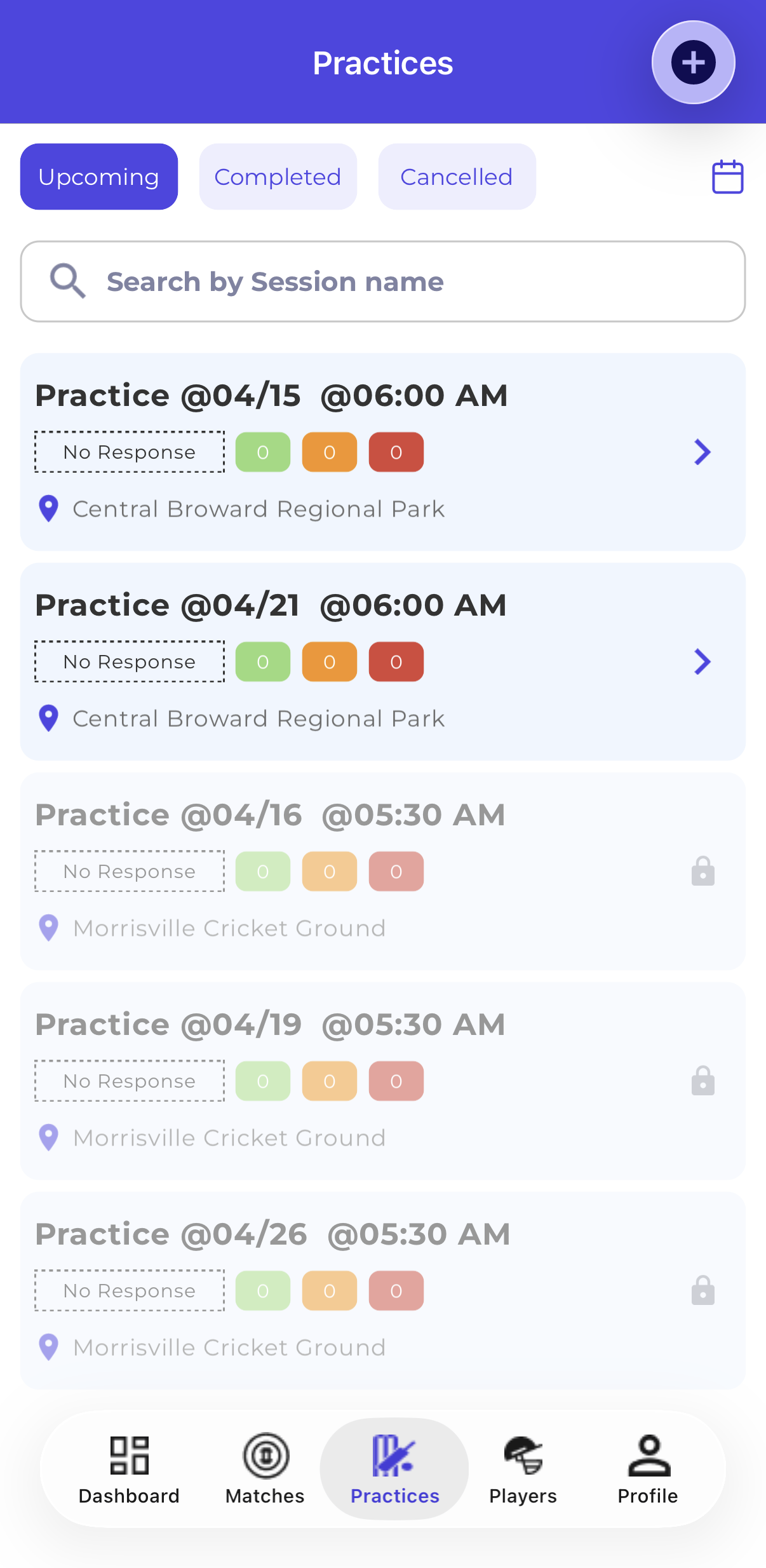 Mobile — Upcoming Practices Tab