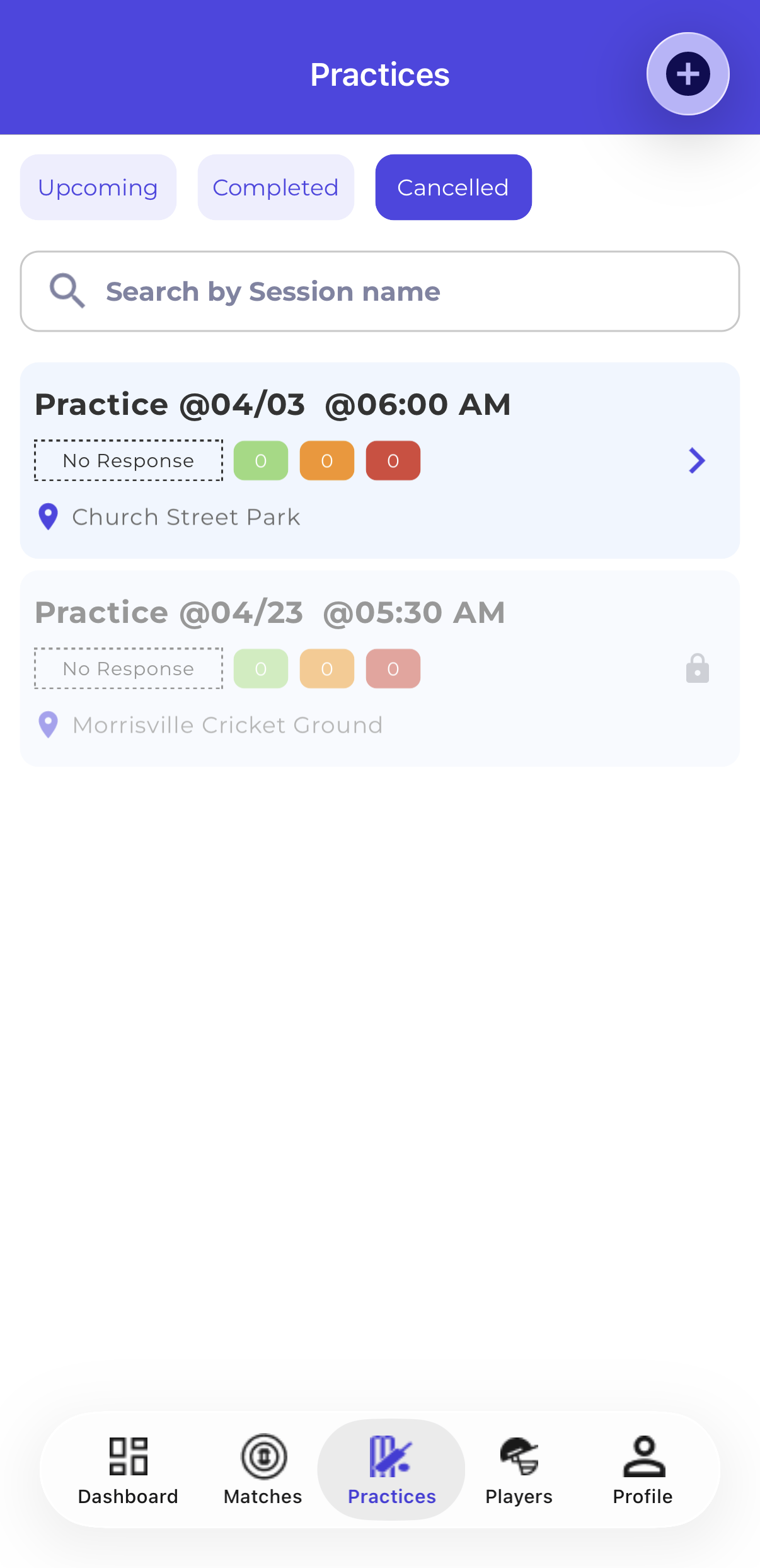 Mobile — Cancelled Practices Tab