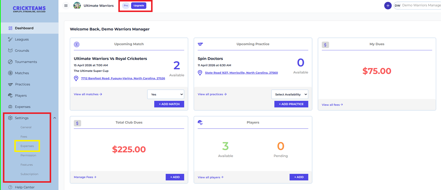 Settings Sidebar — Pro Plan