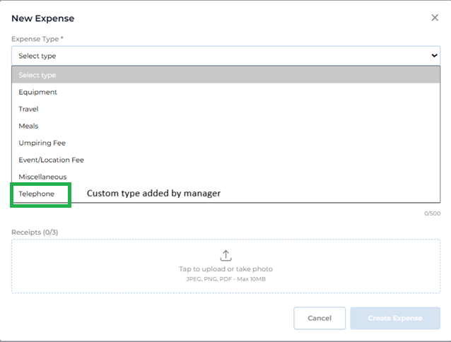 Player View — New Expense Expense Type Dropdown
