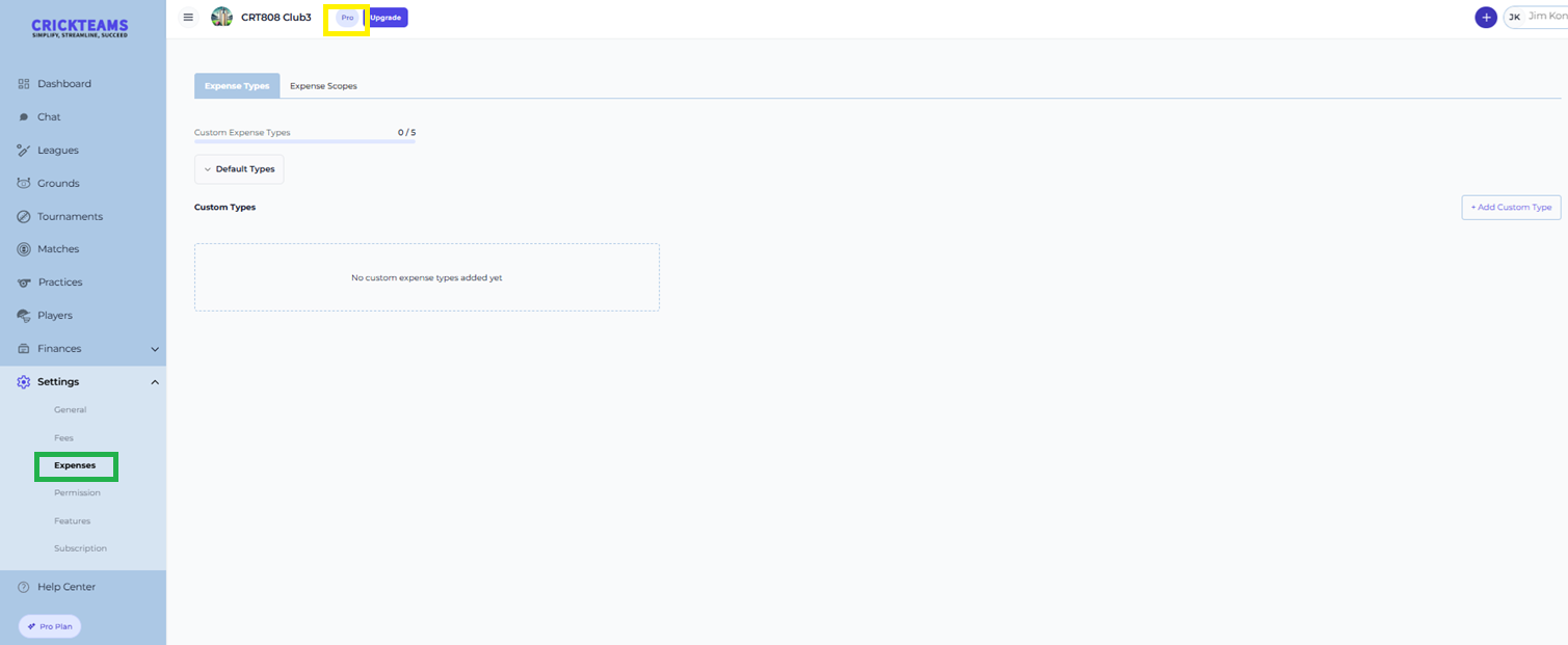 Settings — Expenses page on a Pro plan as seen by the club treasurer