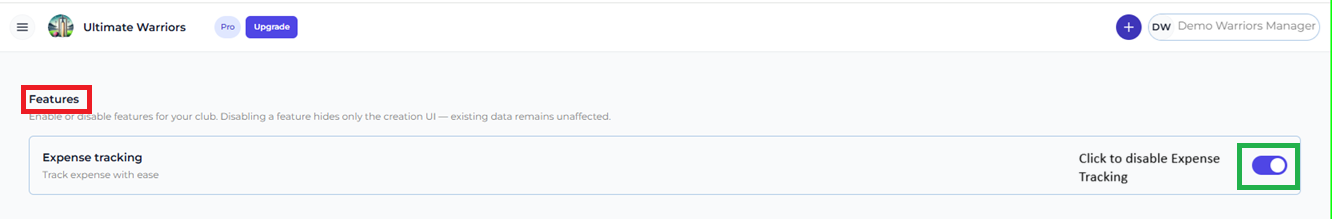 Settings — Features Page