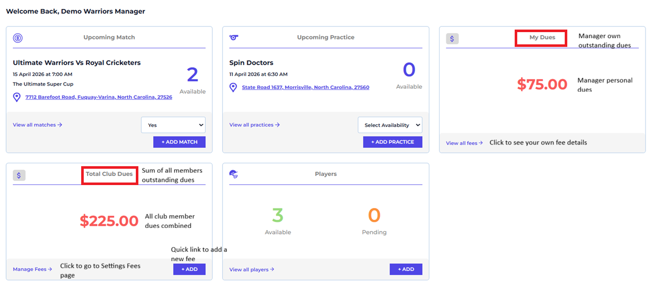 Manager Dashboard — Total Club Dues and My Dues