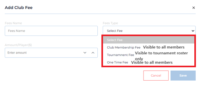 Add Club Fee — Fee Type Dropdown