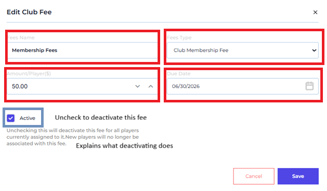 Edit Club Fee Form