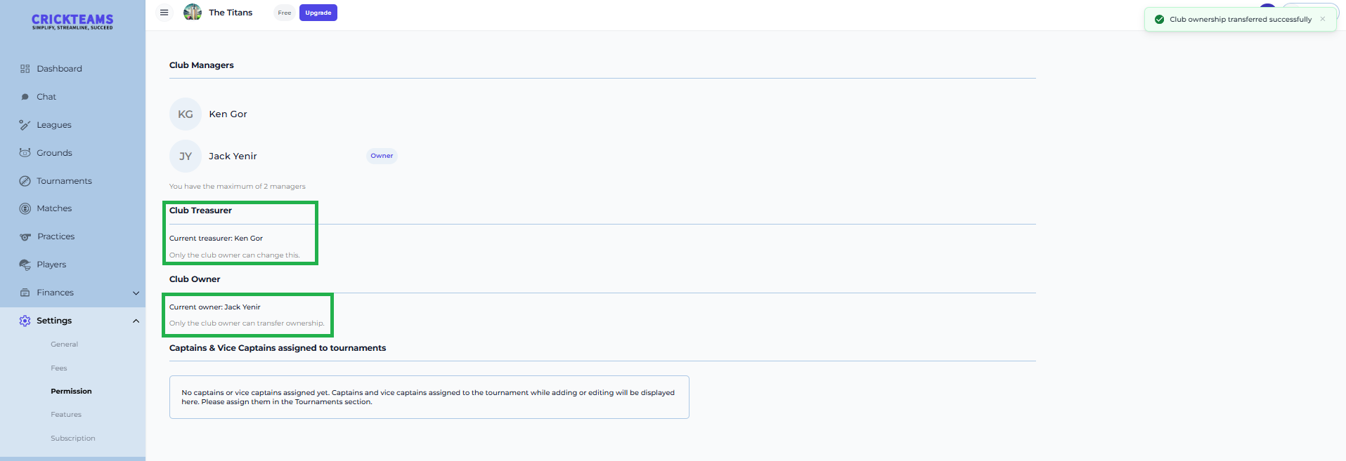 Settings — Permission page as seen by the previous owner immediately after transferring ownership