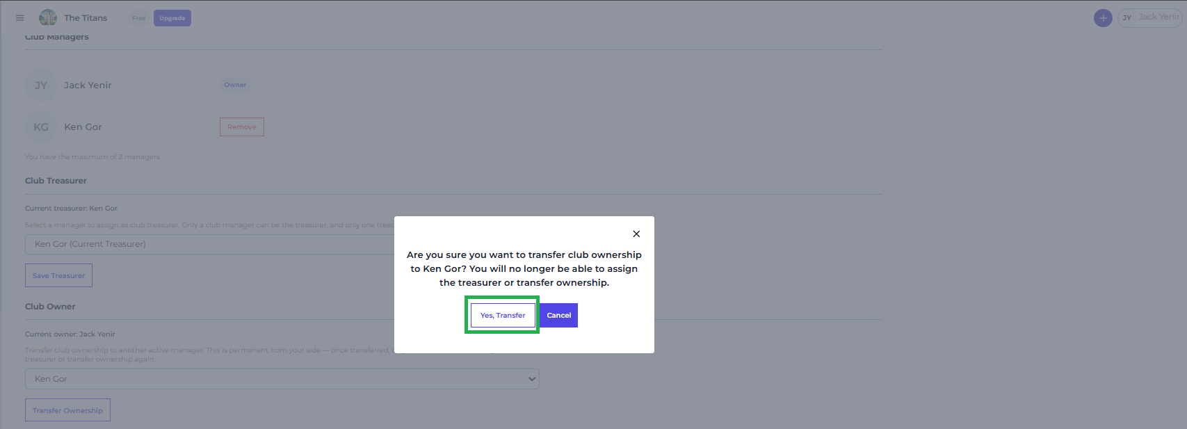 Confirmation prompt shown before club ownership is transferred