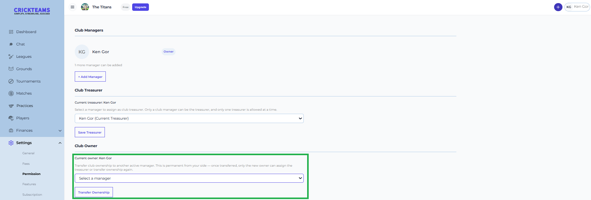 Settings — Permission page, Club Owner section as seen by the club owner