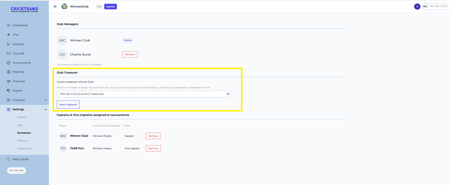 Settings — Permission page, Club Treasurer section as seen by the club owner
