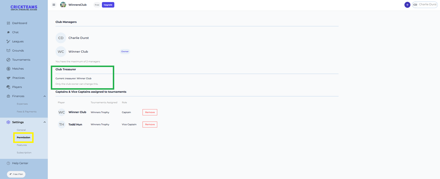 Settings — Permission page, Club Treasurer section as seen by a manager who is not the owner